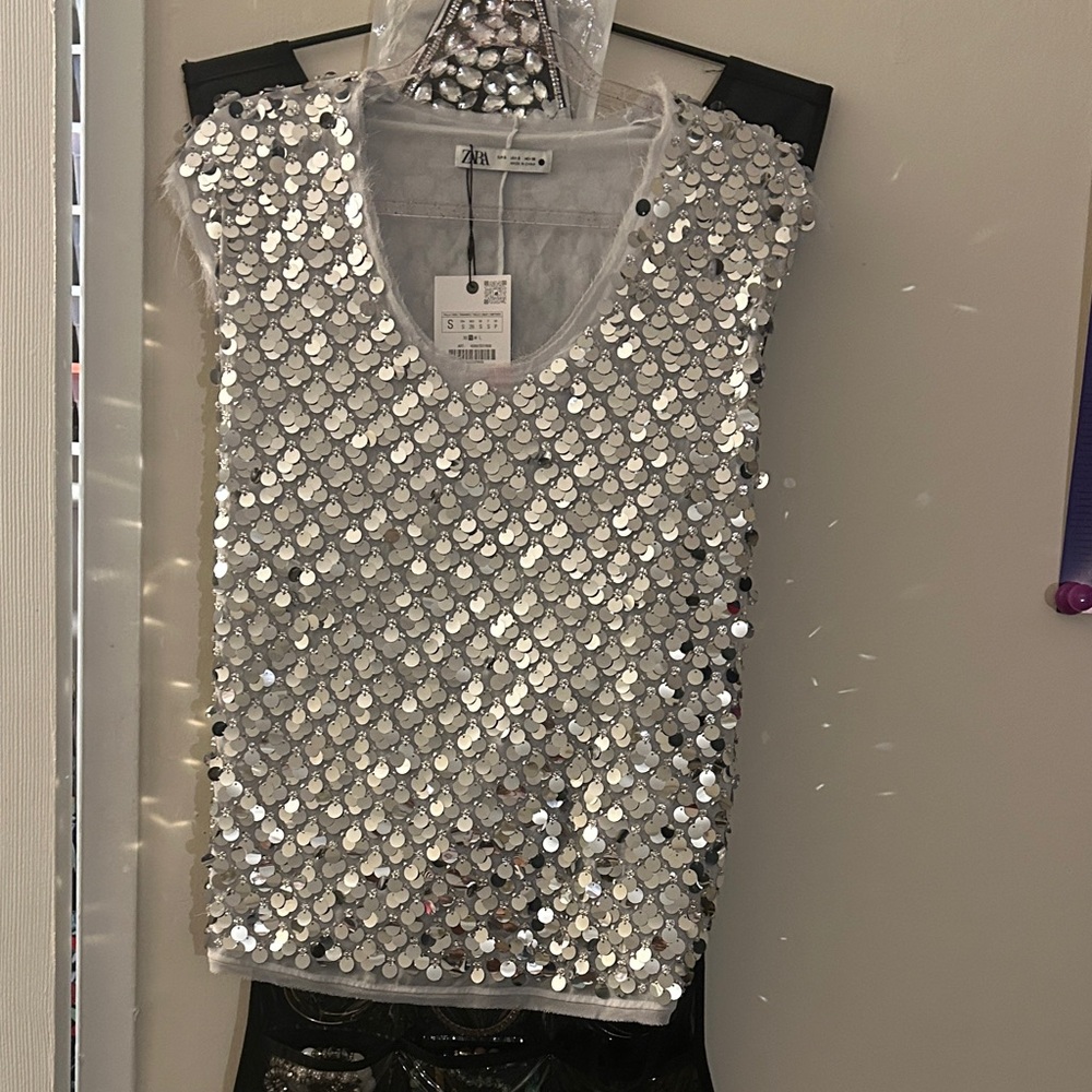 Zara Shimmering Silver Sequin Blouse